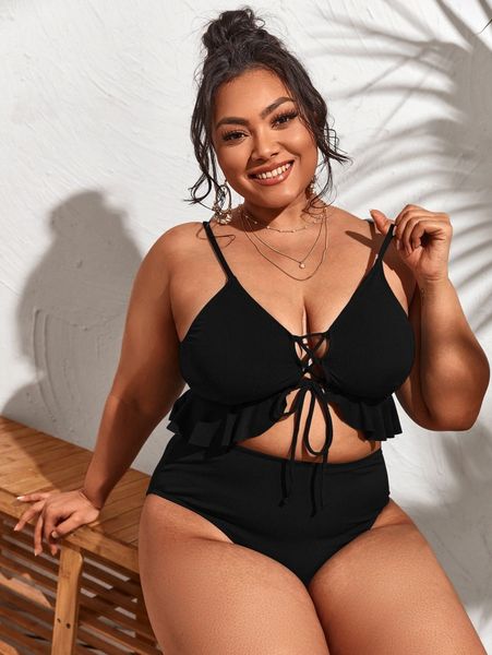 

plus rib lace-up ruffle hem bikini swimsuit a1kk#, Black