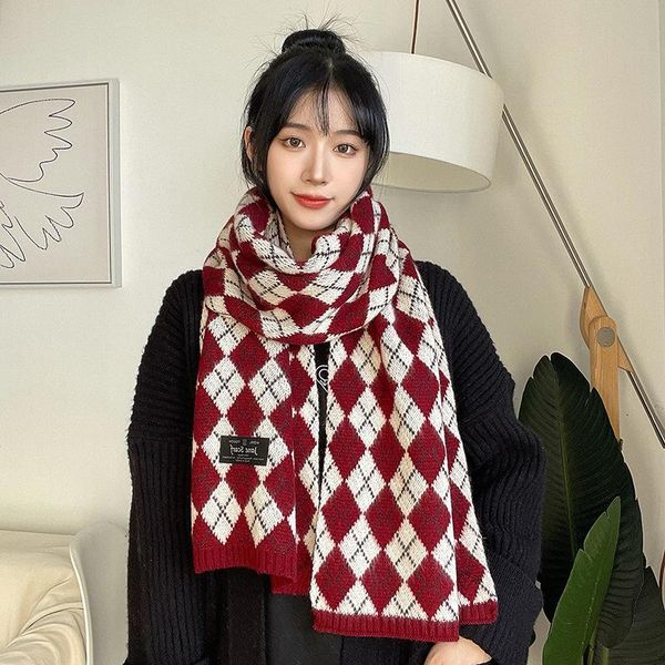

scarves christmas scarf women's winter diamond lattice warm fashion thickened knitted wool tide shawl bib, Blue;gray