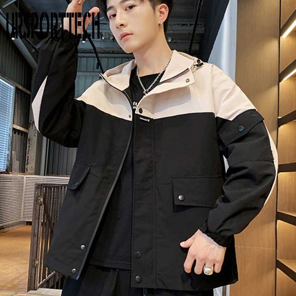 

ursporttech men's jacket spring autumn casual patchwork thin jackets mens windbreaker hooded coat outwear clothing 210528, Black;brown