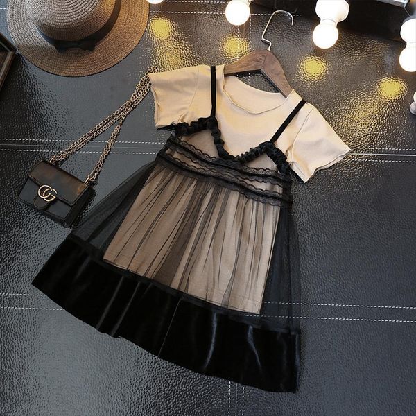 

girls clothes summer fashion girl set pure color short sleeve t shirt lace dress 2 pces kids, White