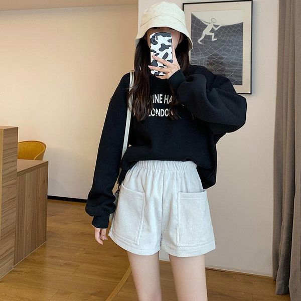 

women's shorts casual streetwear s-4xl plus size women winter high waist corduroy ladies with pocket wide leg short femme, White;black