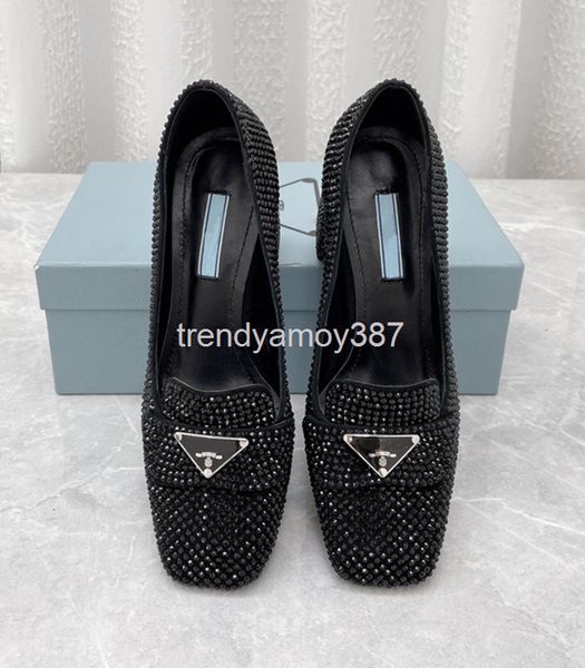 

dress shoes spring and summer p family square head triangle buckle drill thick heel single shoes fashion high lefu, Black