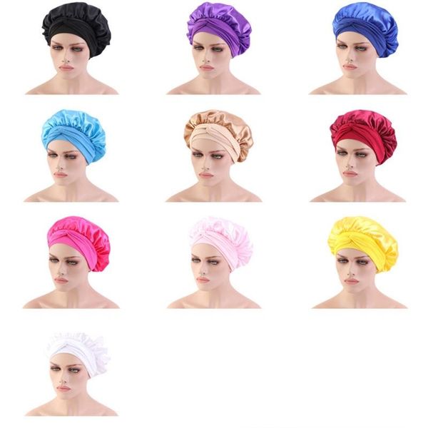 

beanie/skull caps women wide elastic band night sleep cap solid color satin bonnet hair loss turban hat head scarf cover with long strap, Blue;gray