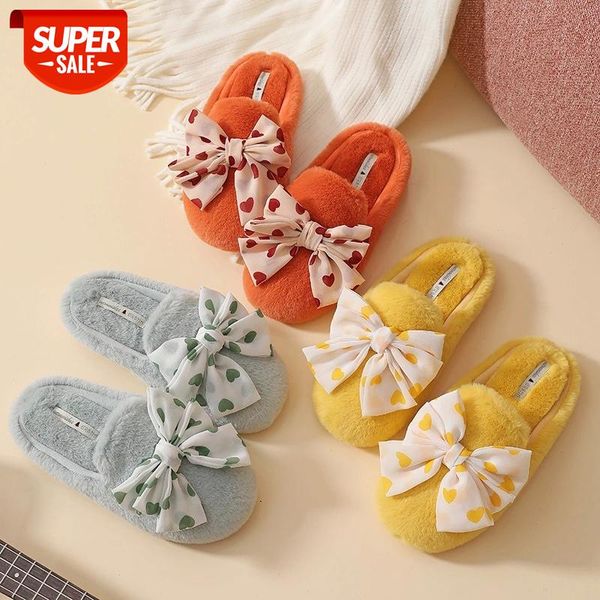 

2020 winter new knot-bow house women fur slippers warm plush bedroom flat ladies dots shoes non-slip chic ladies furry slides #l43q, Black