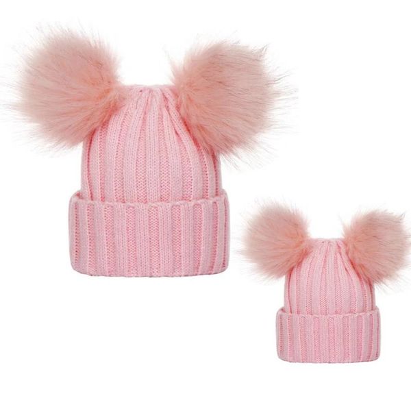 

wide brim hats 2pcs parent-child caps infant baby kids fluffy pom cap winter double fur ball hat mom warm knitted beanies, Blue;gray
