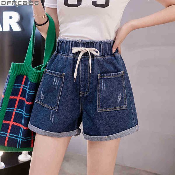 

women's shorts causal summer women denim loose wide leg plus size short femme burrs scratch ripped elastic waist drawstring j zoz4, White;black
