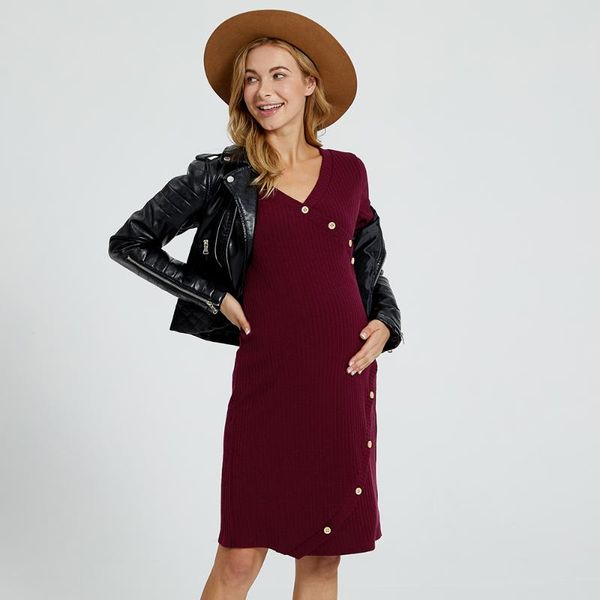 

patpat 2021 arrivalmaternity v-neck plain burgundy knee length long-sleeve nursing dress maternity dresses, White