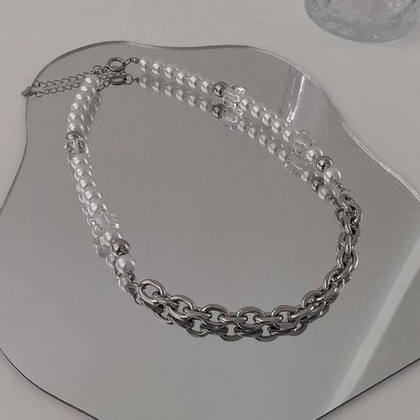 

chokers ins imitation pearls titanium steel splicing necklace for female men 2021 trendy clavicle chain statement jewelry gift, Golden;silver