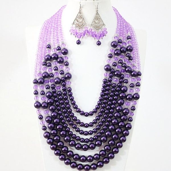 

earrings & necklace bohemia fashion women purple shell pearl crystal beads 7 rows charms handmade jewelry set 19-27.5inch b1313, Silver