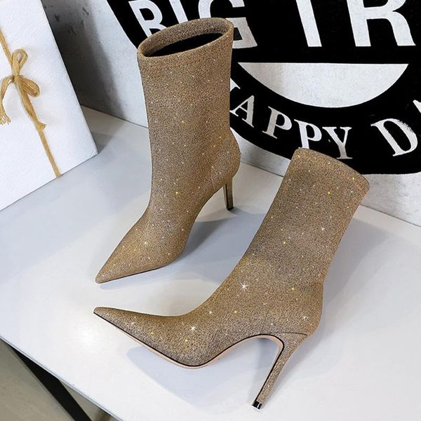 

boots 2021 women 10cm high heels stretch sock crystal glitter short ankle lady stripper winter designer stiletto shoes, Black