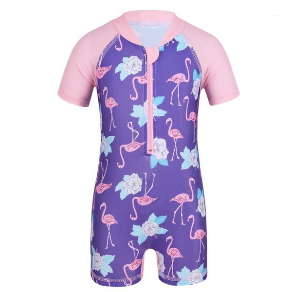 

baby girls swimsuits infants short sleeves swimsuit flower flamingo printed rash guards toddlers bathing suit kids swimwear one-pieces, Black