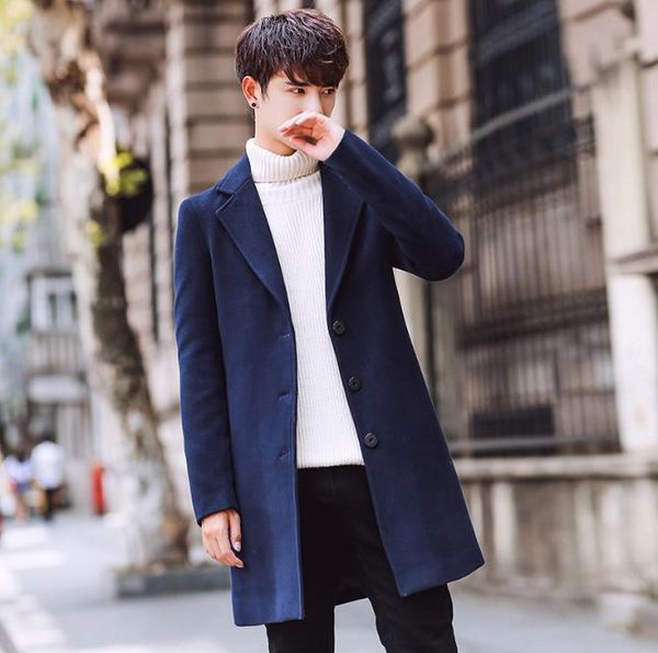 

men's wool & blends coat autumn korean fashion windbreaker slim oversize long jacket men thin overcoat, Black