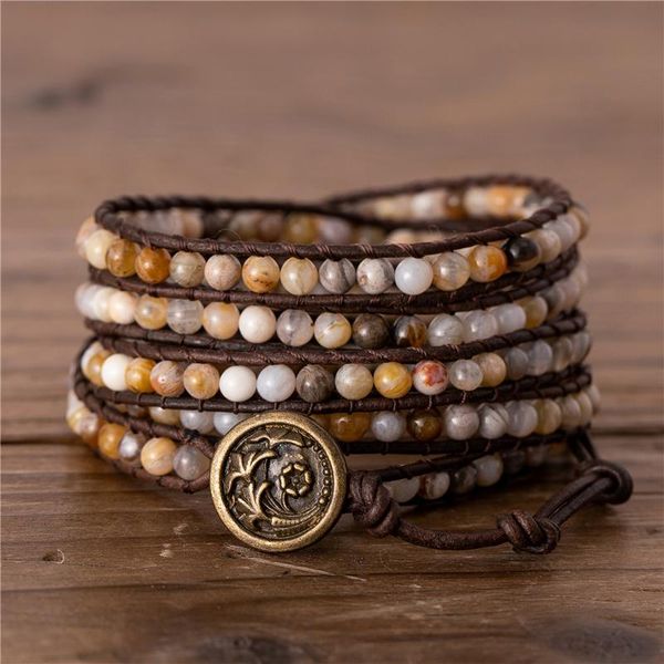 

art 4mm bamboo agates beaded wrap bracelet 5 times leather bohemian weaven gift for friends drop tennis, Golden;silver
