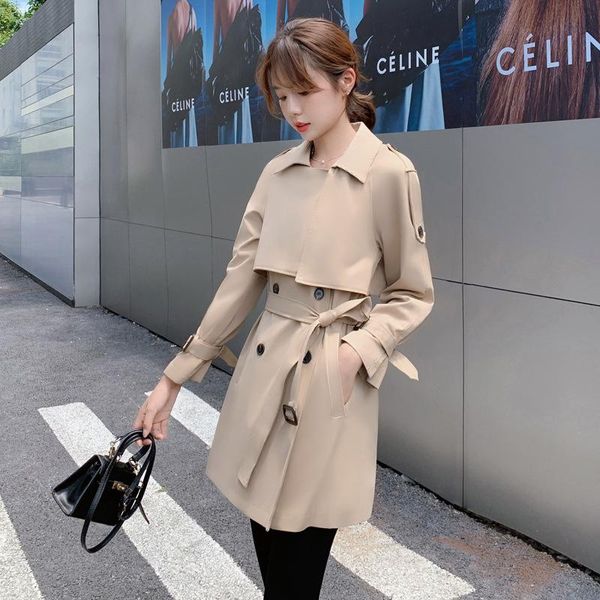 

women's trench coats autumn winter lapel loose double breasted windbreaker korean version solid color fashion temperament slim fit coat, Tan;black
