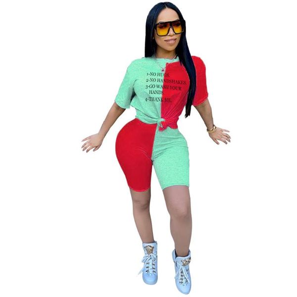 

letter print patchwork tracksuit women summer sport lounge wear t shirt with bikers shorts joggers two piece set club outfit women's tr, Gray