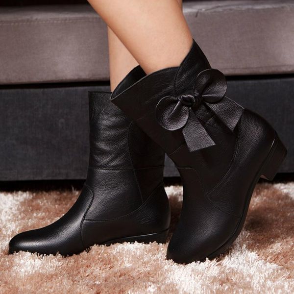 

boots winter women genuine split leather butterfly-knot platform square heel warm fur lining non slip casual retro shoes ladies, Black