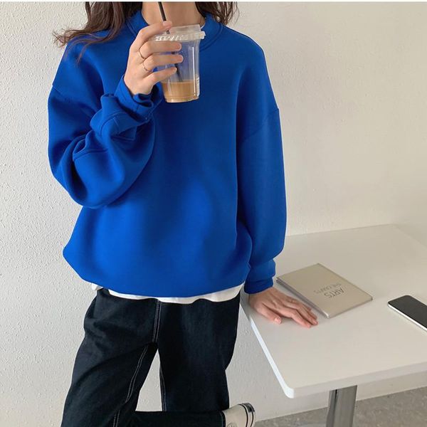 

women's hoodies & sweatshirts solid blue autumn winter clothes korean fashion long sleeve casual loose women o-neck pullover, Black