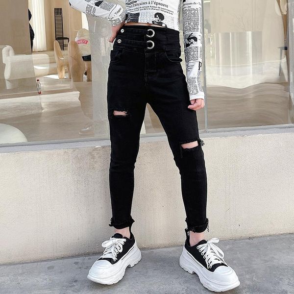 

jeans girls pants high waist skinny trousers ripped holes stretch tights black children's clothes 4-13 years kids drawers, Blue