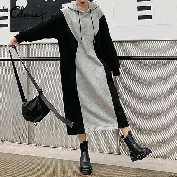 

dresses celmia 2021 winter dress women long sleeve color patchwork kaftan hoodies sweatshirt dresses casual loose pockets robe 5xl, Black;gray