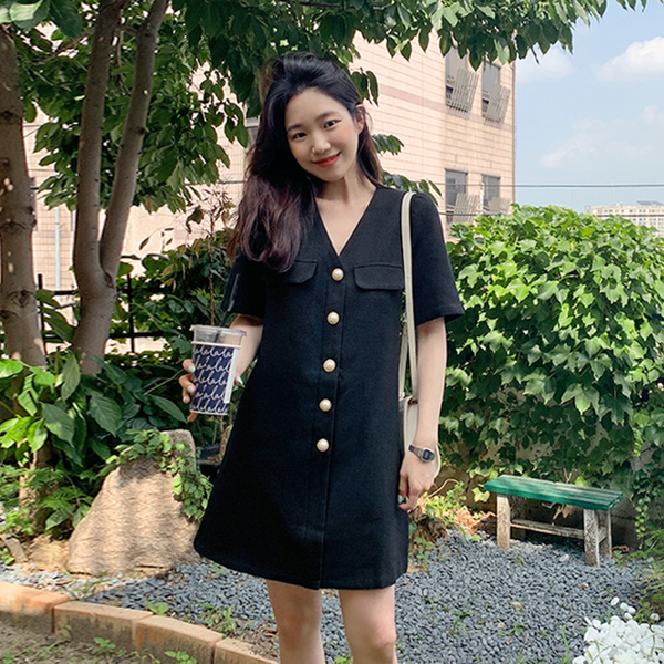 

black dress for women korean style chic short sleeve casual clothing v-neck single breasted solid pocket loose waist, Black;gray