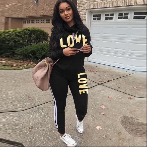 

plus size 2 piece women tracksuits set black outfit love letter print high neck hoodies sweatshirt pants tracksuit casual suit, Gray