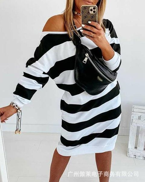 

casual dresses loose striped ladies dress, long-sleeved sweater dress, Black;gray