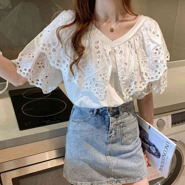 

whtie lace hollow out women t-shirt summer v neck fashion loose elegant ruffled stitching casual tees blouse 210515, White