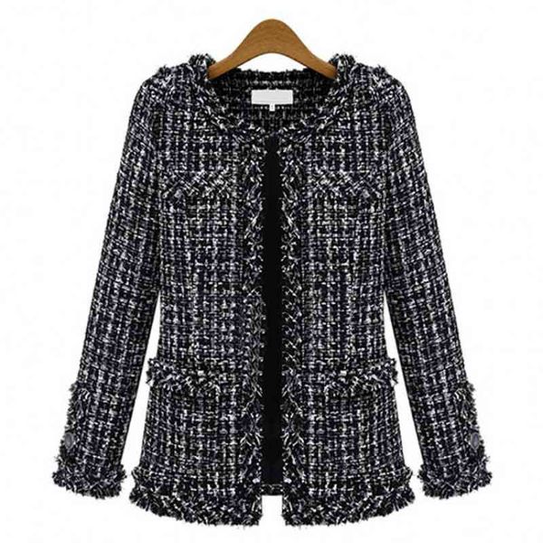 

autumn winter black white plaid loose short coat women vintage o neck long sleeve tassel tweed plus size ladies jacket 210526
