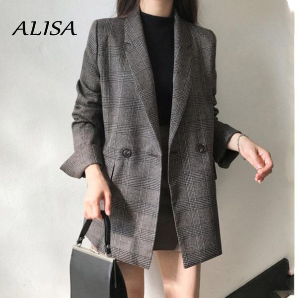 

women's suits & blazers korean vintage plaid blazer women turn-down collar button jackets ladies fashion elegant office coats suit, White;black