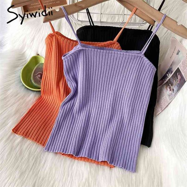 

knitted camis women casual screw thread solid black white tank summer fashion short clothing 210607