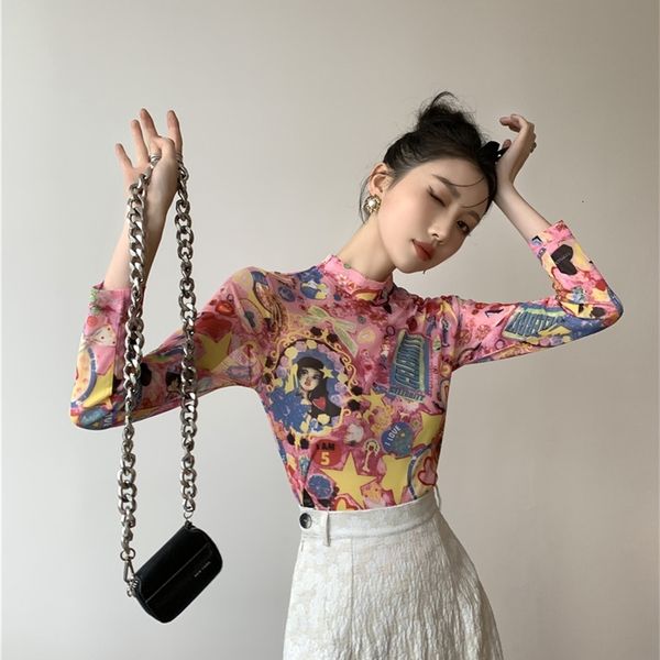 

women's t-shirt mesh long sleeve y2k pink see through t shirt turtleneck women tshirt print bodycon desinger graphic tee vwz7, White