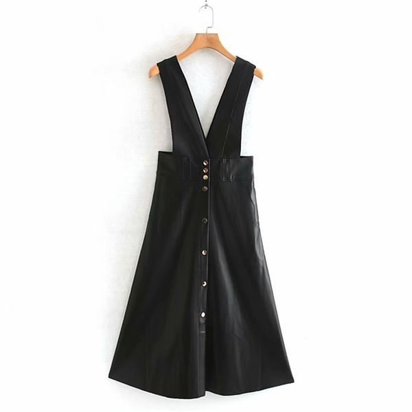 

summer women pu sweet dress sleeveless v-neck buttons a-line es female elegant street casual black vestidos 210513, Black;gray