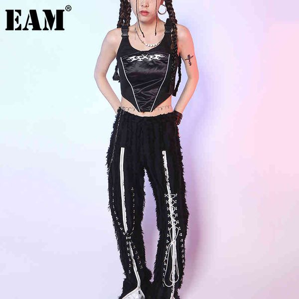 

[eam] high waist black feather long wide leg hem slit trousers loose fit pants women fashion spring summer 1dd8464 21512, Black;white