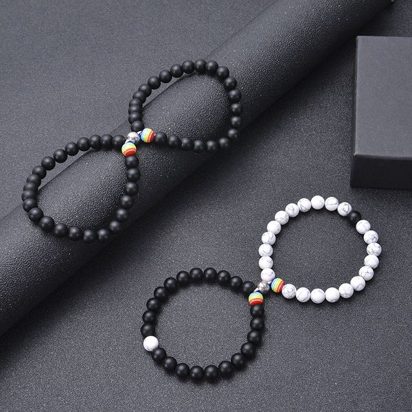 Bracciale con perline arcobaleno Pride Couple Lover White Howlite Black Matte Magnet Bracciali Natural Stone LGBT Relationship Jewelry