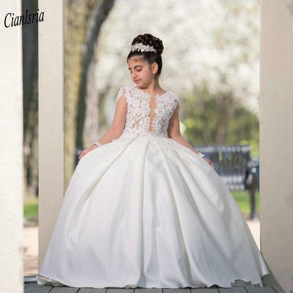 

girl's dresses white long sleeve backless ball gown flower girl dress illusion appliques lace satin pageant birthday party, Red;yellow