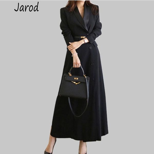 

women's trench coats women double-breasted long coat autumn spring elegant black turn down collar slim office ladies outerwear, Tan;black