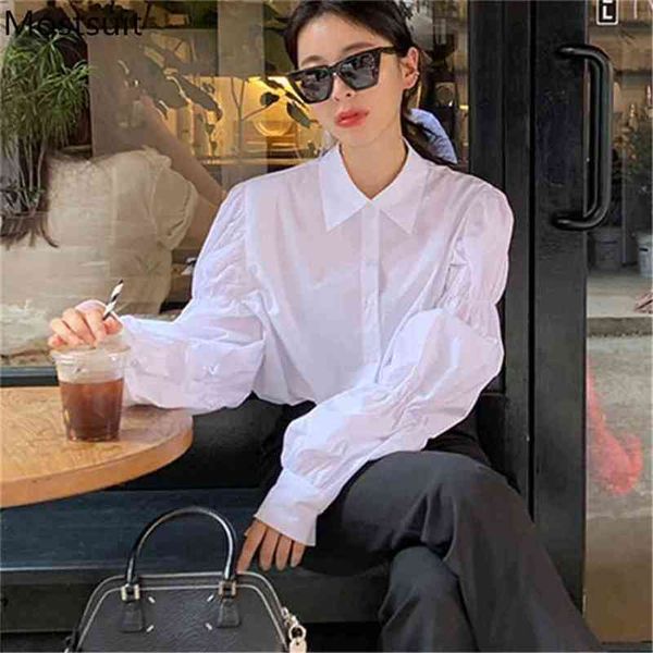 Koreanische stilvolle weiße Puffärmel Frauen Bluse Shirts Frühling Umlegekragen solide Grund Streetwear Mode Damen Blusas 210513