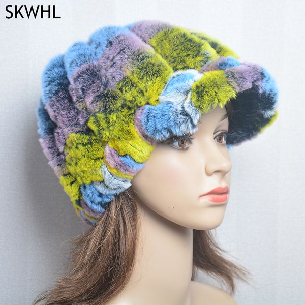 

winter russian natural rex fur hat women elastic warm soft handmade knitted rex rabbit caps bomber beanies hats, Silver