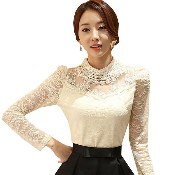 

women's blouses & shirts 2021 summer autumn women mesh patchwork blouse casual beading lace ladies long sleeve blusas plus size ab893, White