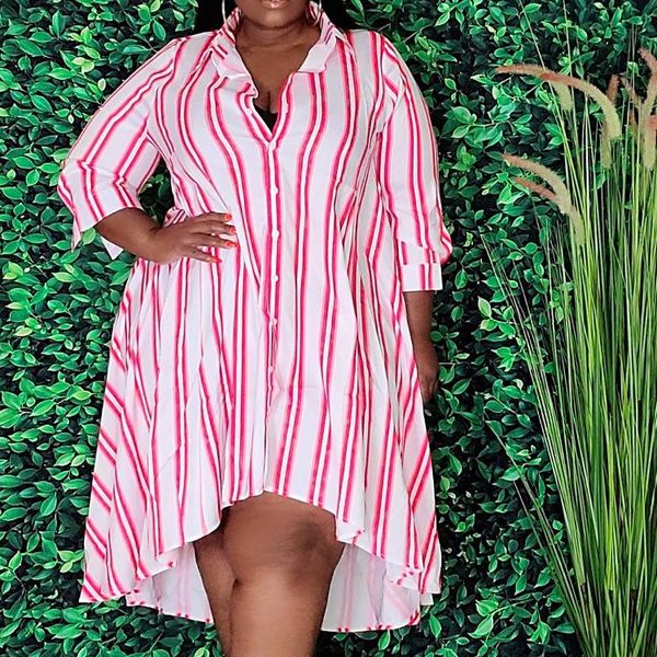 

plus size dresses chocomisty-ladyplus plus-size striped print shirt collar irregular midi dress, Black