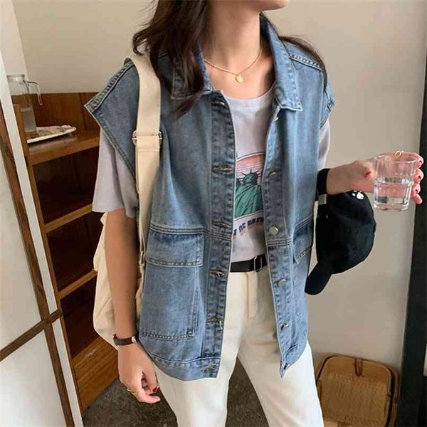 

denim vest for women large plus size jean waistcoat female sleeveless coat spring autumn casual streetwear jacket light blue 210910, Black;white