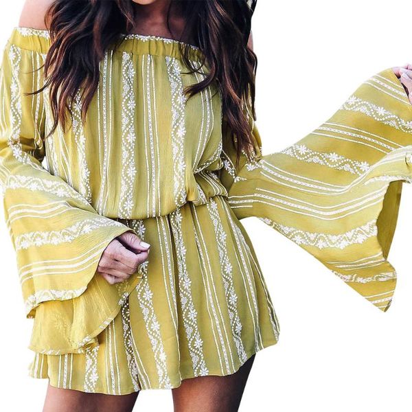 

women's jumpsuits & rompers playsuit women bohemian off the shoulder printing striped long sleeve jumpsuit summer beach, Black;white