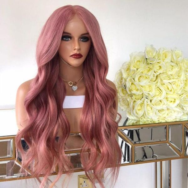 

synthetic wigs pink wig long body wave lace front heat resistant fiber glueless cosplay for women fake hair, Black