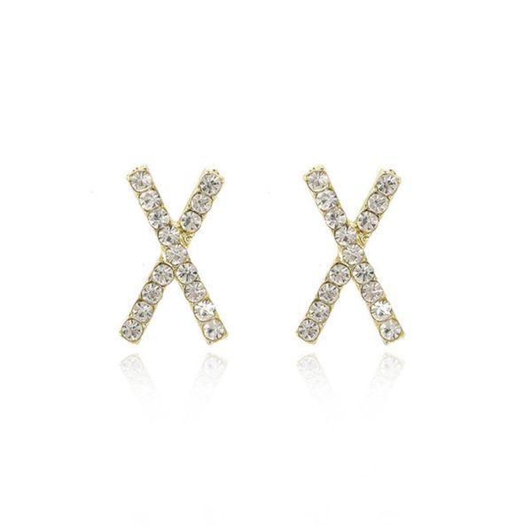 

english letters x earrings gold color copper cubic zircon stud for women girls retro cross geometry rhinestone ear, Golden;silver