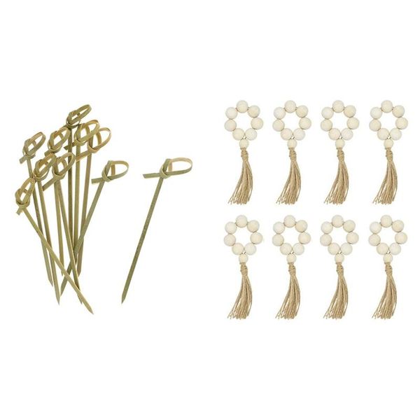 

forks 500pack bamboo cocktail picks toothpicks & 8pcs handmade natural wooden bead napkin rings holder