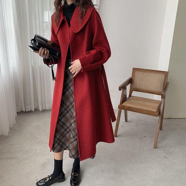 

women's wool & blends women 2021 autumn winter elegant solid long coat female sleeve loose pocket coats ladies fashion chic outerwear a, Black
