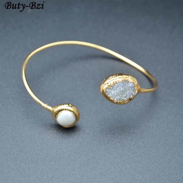 

cuff gold plating bracelet natural white pearl and druzy quartz negget double sides bangle fashion woman party jewelry gift