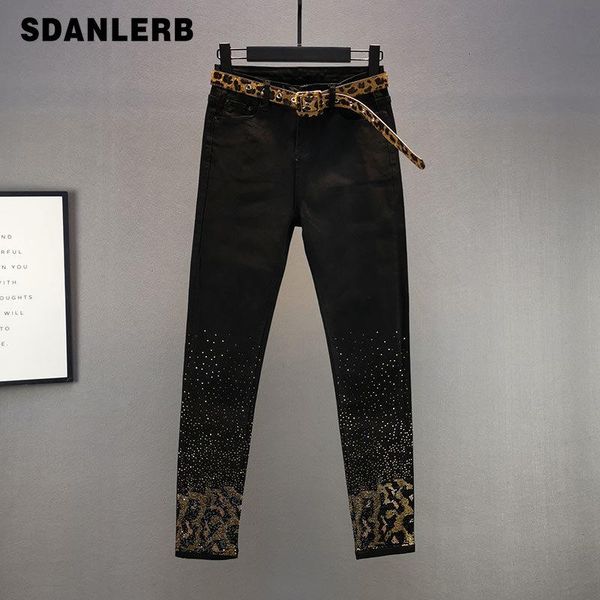 

black leopard print rhinestone jeans for women 21 spring autumn elastic slim-fit high waist figure flattering skinny pants women's, Blue