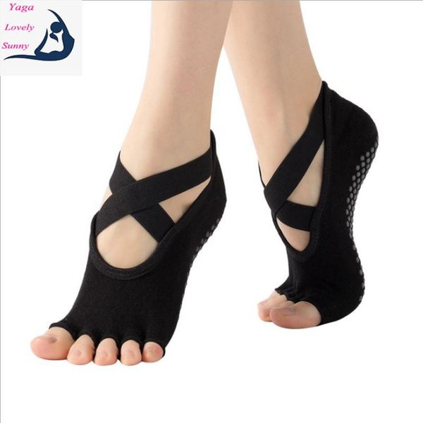 

lace-up five toe yoga socks dance anti-slip sock breathable elasticity cotton fitness pilates half-finger sports, Black