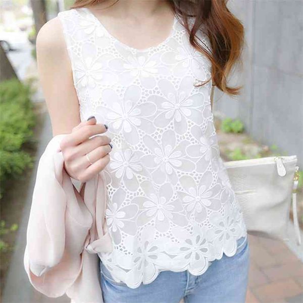 

womens blouse shirt femininas summer and blouses lace elegant sleeveless blusas crochet casual flower plus size women 210730, White